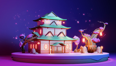 紫蓝色背景的日本岛上。3d版本