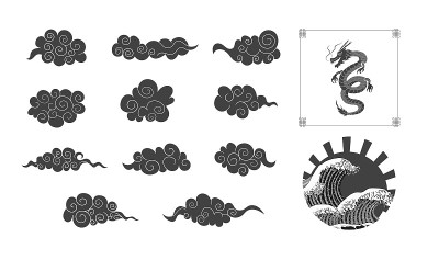 向量黑色和白色东方风格装饰元素，孤立的插图集，云，正方形框架。