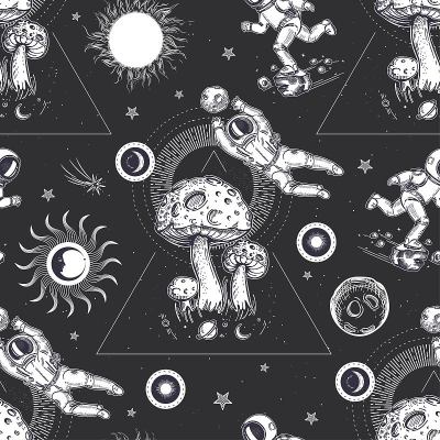 蘑菇就像行星。空间说明。无缝的超现实主义的模式。