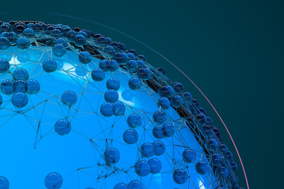 带连接约束的蓝色生物网格，3d渲染。