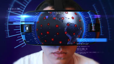 佩戴虚拟现实头盔体验虚拟现实的年轻人。3 d渲染。
