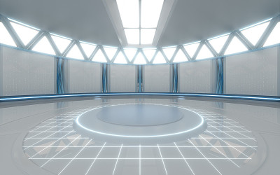 空的圆形科幻房间，3d渲染。