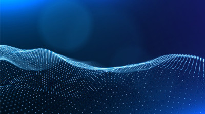 动态蓝色粒子波。抽象的声音可视化。流数字结构。网格景观或网格数据技术。
