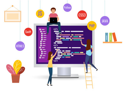Team writes code programming for a game, app or we