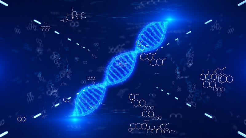 DNA未来元素双螺旋三维渲染螺旋旋转与数字染色体科学标志插图背景