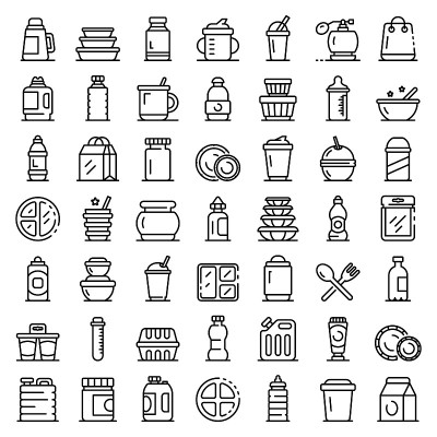 塑料餐具图标设置，轮廓风格