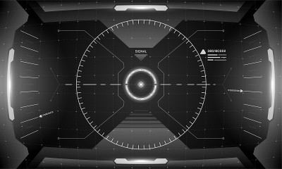 VR HUD界面赛博朋克屏幕黑白设计。未来科幻虚拟现实视图抬头显示遮阳板。图形用户界面数字技术仪表板