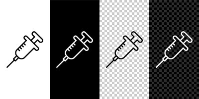 设置线注射器图标隔离在黑白背景。注射疫苗，接种疫苗，注射，流感疫苗。医疗设备。向量