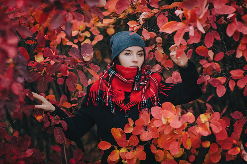 一个年轻漂亮的姑娘，戴着一顶灰色的针织帽子，穿着一件黑色的羊毛大衣，戴着手套，围着一条围巾，站在一片