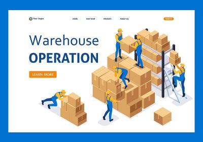 Isometric Workers in a warehouse collect boxes, wa