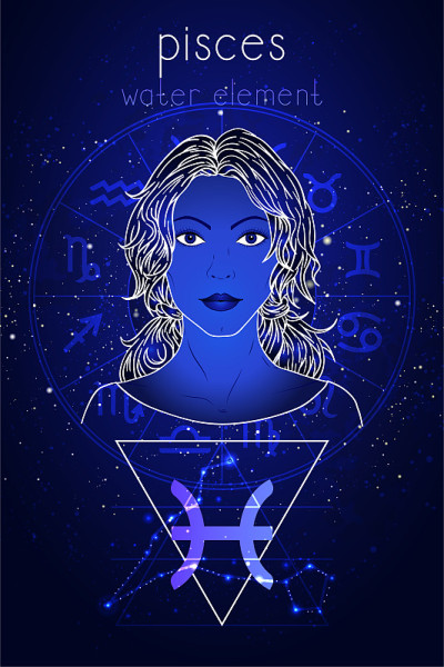 矢量插图双鱼座生肖，星座和画像美丽的女孩。