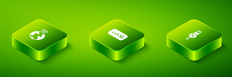 设置Isometric 5G无线互联网，无usb数据线和全球技术图标。向量