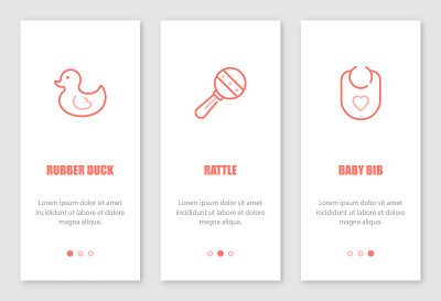 Baby accessories onboarding screens design.