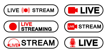 Set of live streaming icons, red symbols and butto