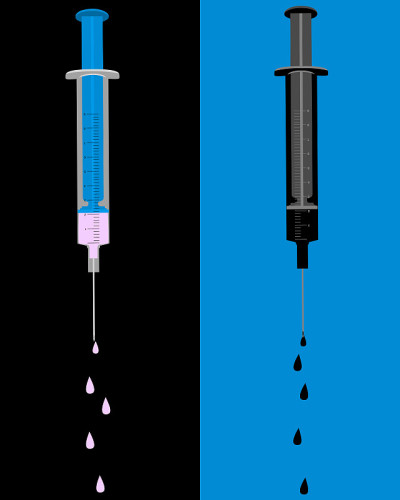 蓝色和黑色背景上的两个填充和滴注注射剂的插图