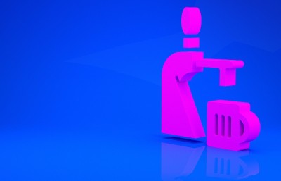 粉色啤酒水龙头与玻璃图标隔离在蓝色背景。极简主义的概念。3d渲染图