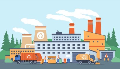 浪费工厂。城市回收、垃圾回收厂的工作流程。清洁，分拣和运输服务，清道夫。垃圾工业和废物再利用，矢量概