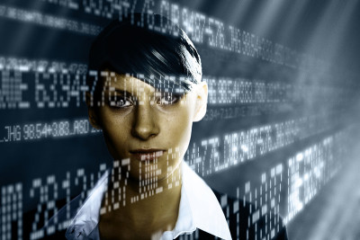 商业女人的肖像与灰色数据光束，cgi