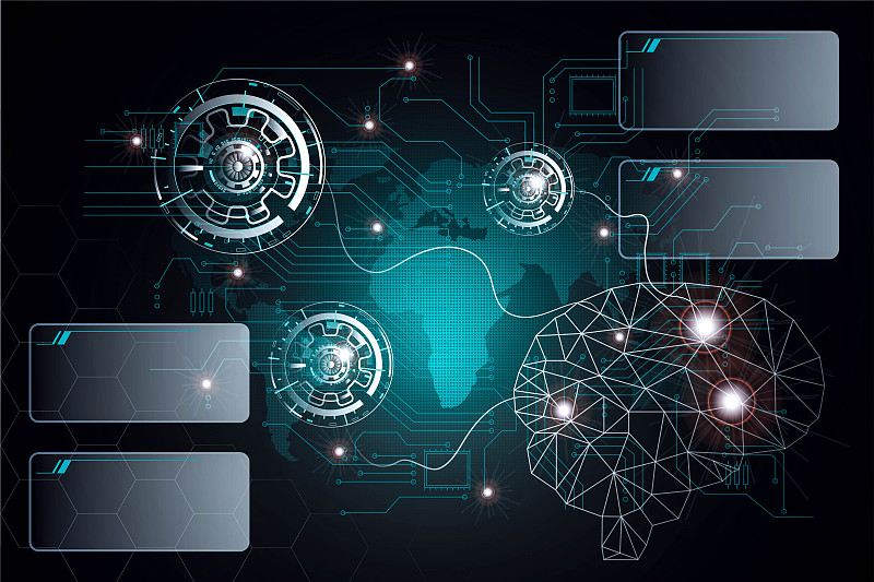 科学大数据可视化。未来的人工智能。网络心灵美学设计理念。以及用于复制空间的空框。