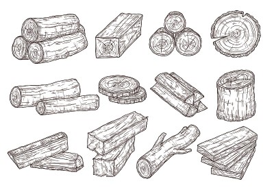 素描木材。原木、树干和木板。林业建筑材料手绘孤立向量集