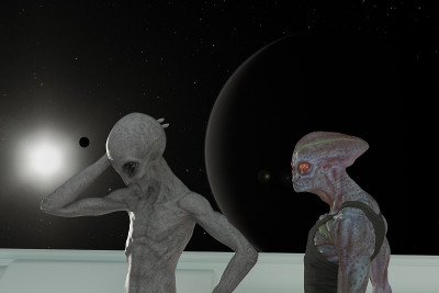 两个不同的外星人在宇宙飞船里交谈，背景是黑暗的行星太阳和月球。