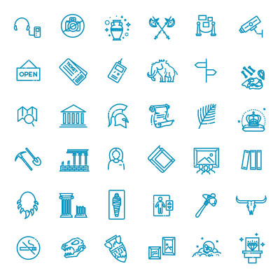 museum icons set. museum exhibits collection. Thin
