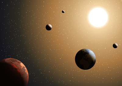 行星围绕太阳旋转的太阳系景象。