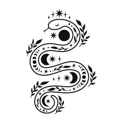带有月相和花卉元素的神秘蛇。