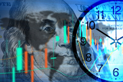 股票市场与时间概念，金融数据分析图显示市场趋势超过美元的数字显示