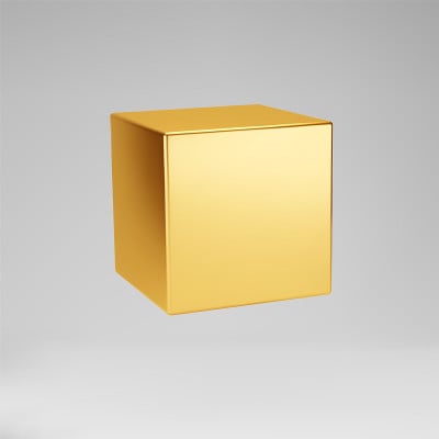 3d黄金金属立方体孤立在灰色背景。在光影透视中渲染一个旋转的金色3d盒子模型。现实向量几何形状