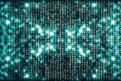 蓝色矩阵数字背景。抽象的网络空间的概念。人物倒了。来自符号流的矩阵。虚拟现实设计。复杂的算法数据黑客