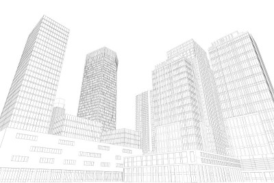 城市轮廓与摩天大楼孤立在白色的背景。3 d。矢量图
