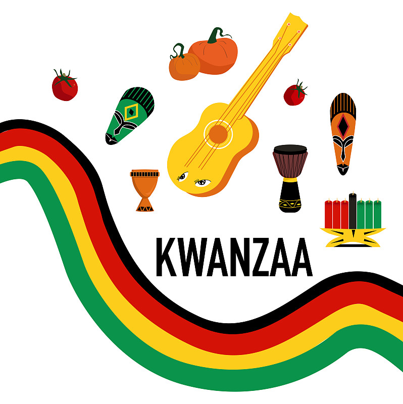 Kwanzaa symbols with rainbow in national colours.S