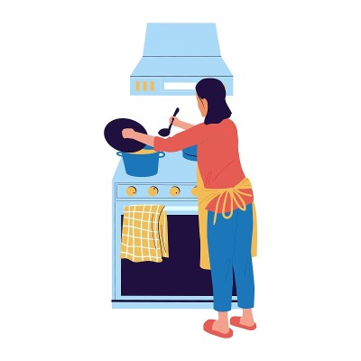 女人在厨房做饭。卡通女性角色穿着围裙做晚餐。食品准备家用电器。家用烤箱和炊具罩。妈妈准备汤。向量管家