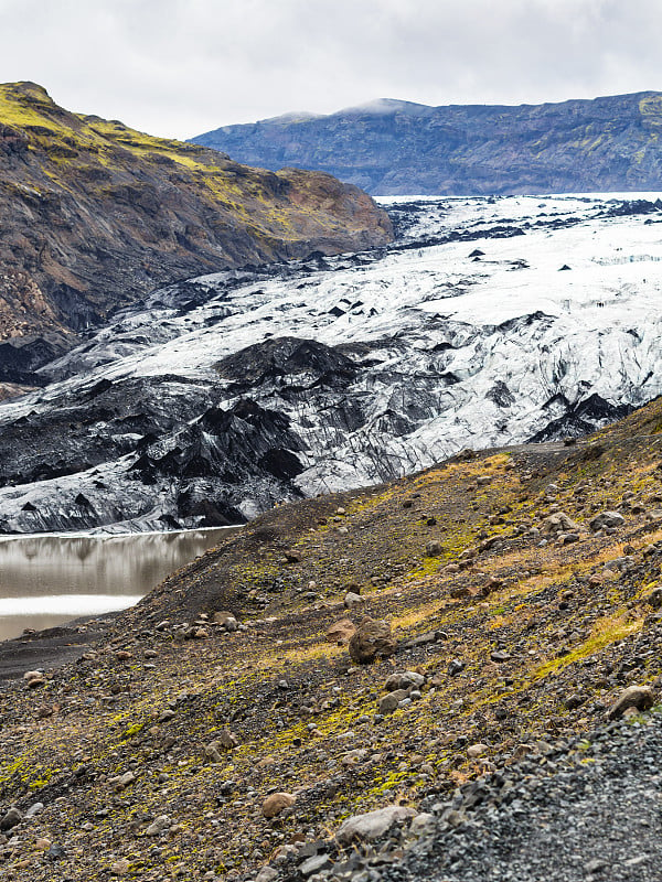 火山斜坡和Solheimajokull冰川