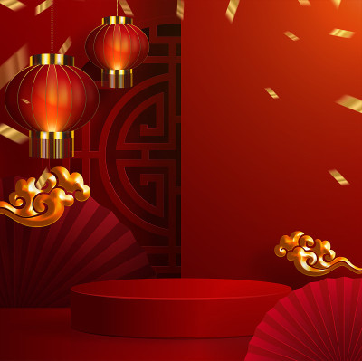 3d讲台圆形、方盒舞台讲台和纸艺术中国新年、中国节日、中秋节、红剪纸、扇子、鲜花和亚洲元素与工艺风格