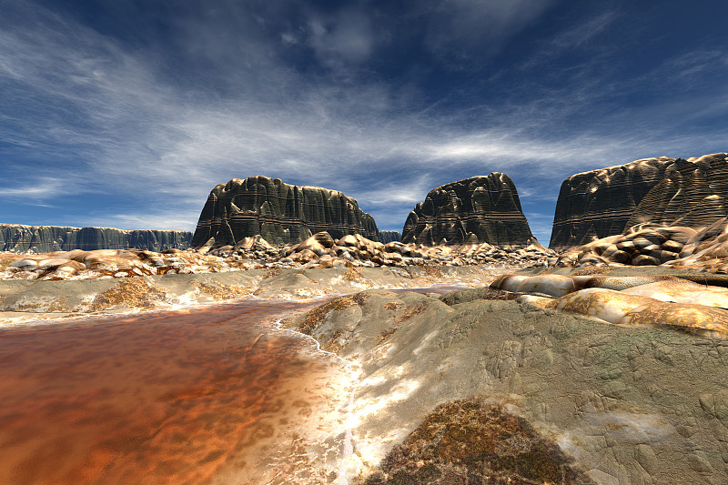 Alien Planet. Mountain and  water. 3D rendering