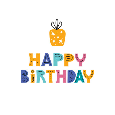 贺卡与文字的生日快乐和礼物。Bday礼物和不同的图形元素在斯堪的纳维亚风格。节日矢量插图横幅，印刷品