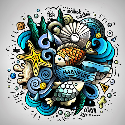卡通矢量涂鸦水下世界插图