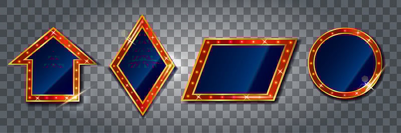 Set of four glowing sign with light bulbs. Vector 