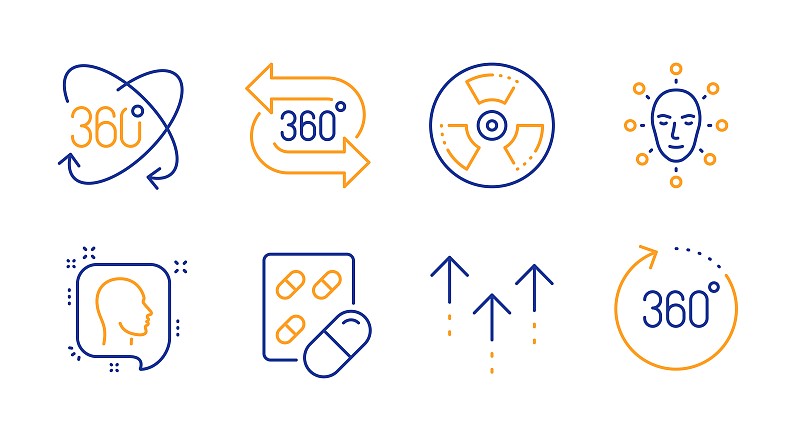 360度，向上滑动胶囊药丸图标设置。全面旋转，面部生物识别和头部标志。向量