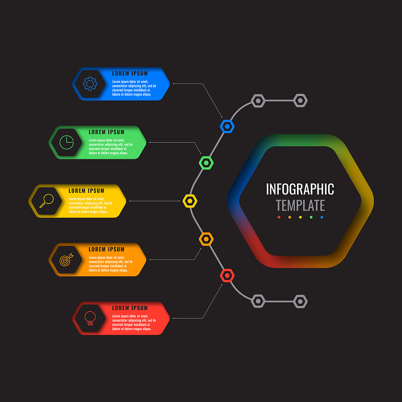 业务信息图模板与五个现实的六角形元素与细线图标在黑色背景。纸上有几何孔的现代图表。面向演示的矢量可视