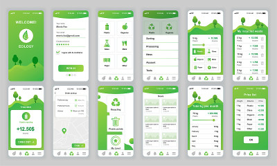一套UI, UX, GUI屏幕生态应用平面设计模板的移动应用