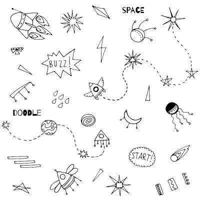 白色背景上有趣的空间物体。宇宙涂鸦矢量插图