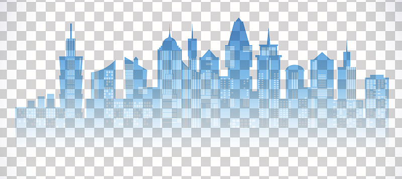 城市景观蓝色图标上透明的背景。天际线轮廓