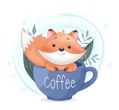 可爱的狐狸坐在大咖啡杯里。可爱的狐狸