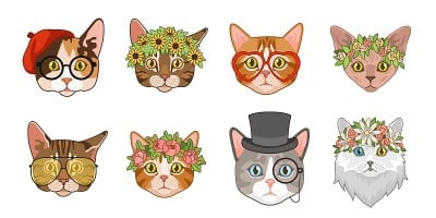 猫头。可爱有趣的猫化身嘴与配件。画有花冠、帽子和眼镜。女士们先生们，嬉皮士们。时尚新潮的打印。向量组