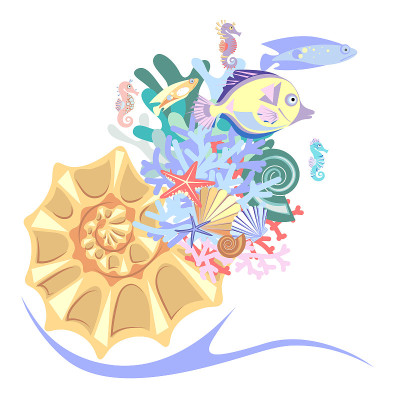 海贝、七彩珊瑚、热带鱼、海马、海星。抽象的聚宝盆概念。卡通风格。