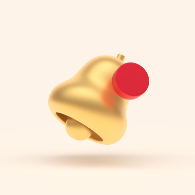 3d简单的金色通知钟与红色圆圈隔离在柔和的背景。高质量的3D插图。