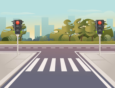 空的城市道路与人行横道和交通灯晴天与清晰的天空矢量插图